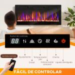 Lareira Elétrica Ultrafina de Parede e Embutir com Chama 3D Brilho/Velocidade Ajustável 12 Cores Pedras 900/1800W 106,7x9,4x47 cm Preto