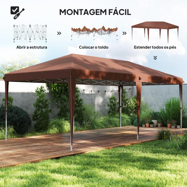Tenda Dobrável 6x3 m com Altura Ajustável em 3 Níveis Bolsa de Transporte Anti - UV e Estrutura de Aço Castanho