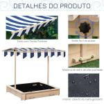 Caixa de Areia de Madeira para Crianças acima de 3 Anos com Banco e Toldo Ajustável Carga 50 kg 106x106x121 cm Madeira