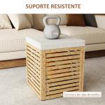 Banco com Armazenamento 57,7L Banco com Arrumação Estofado em Linho Sintético com Estrutura em Bambu 40x40x47 cm Cinza e Madeira