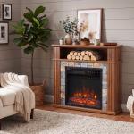 Lareira Elétrica Decorativa 1800W com Prateleira, Efeito Chama, 5 Níveis de Brilho, Termóstato, Temporizador e Comando, Castanha