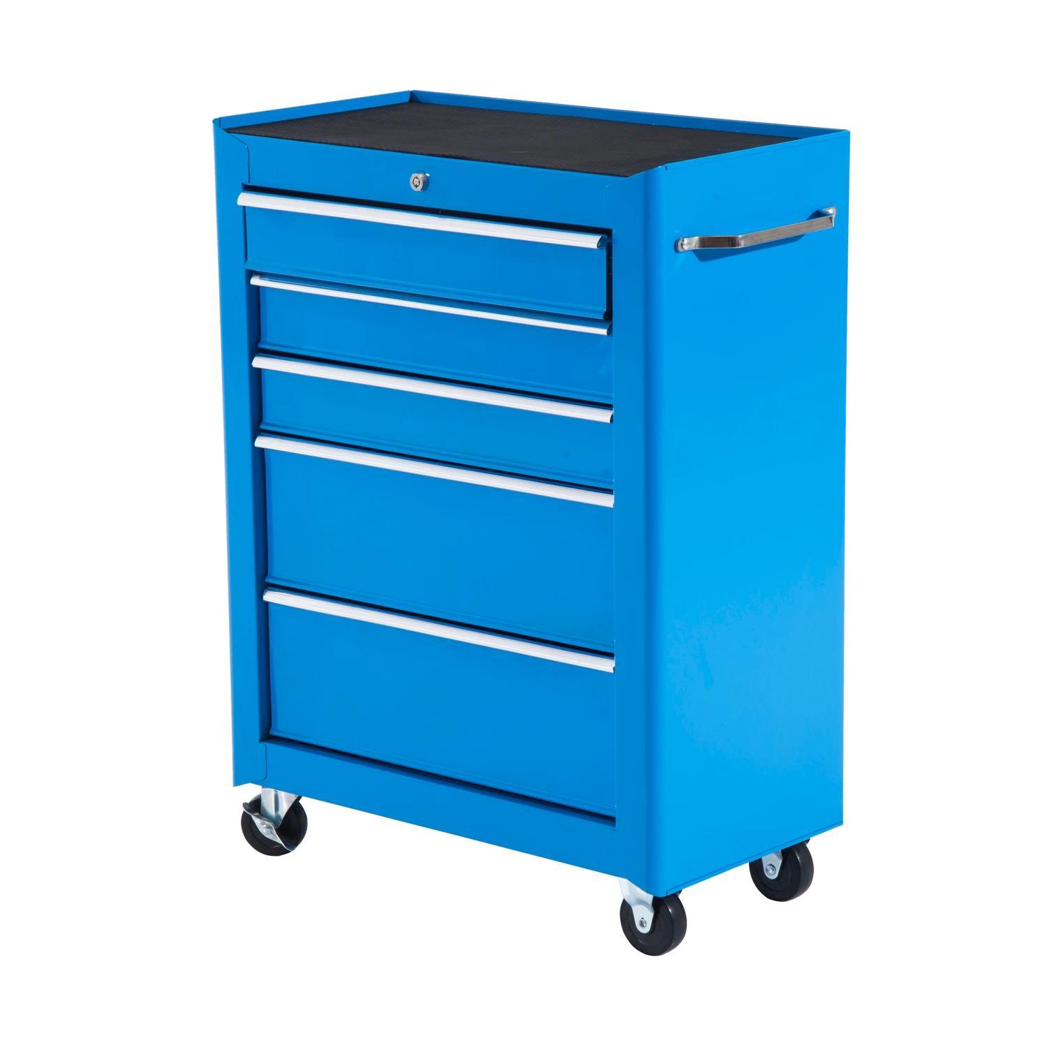 Carrinho de Ferramentas para Oficina com Rodas e 5 Gavetas Fechadura e Alça Lateral 61,5x33x85 cm Azul