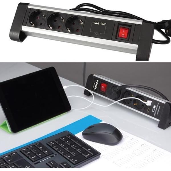 Extensão Tripla + 2x USB c/ Interruptor (1,4 mts) p/ Secretárias, Balcões,... - PEREL