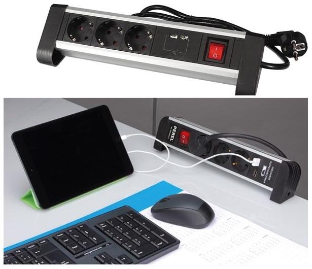 Extensão Tripla + 2x USB c/ Interruptor (1,4 mts) p/ Secretárias, Balcões,... - PEREL