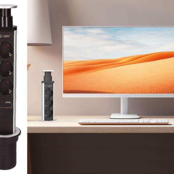 Extensão Tripla + USB A + USB C Oculta POP - UP p/ Secretárias, Balcões,... - GSC