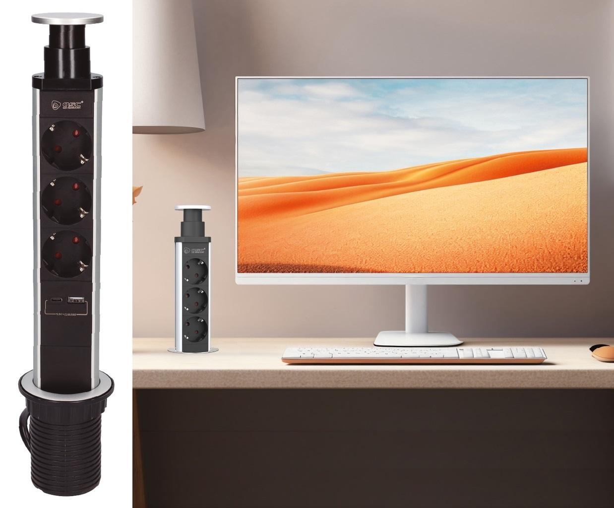 Extensão Tripla + USB A + USB C Oculta POP - UP p/ Secretárias, Balcões,... - GSC