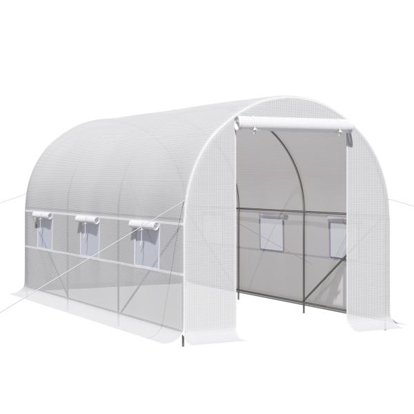 Estufa Tipo Túnel 400x200x200cm Estufa de Jardim com Portas Enroláveis e 6 Janelas Cobertura de PE 140 g/m² Estrutura de Metal para Cultivo de Plantas Verduras Branco