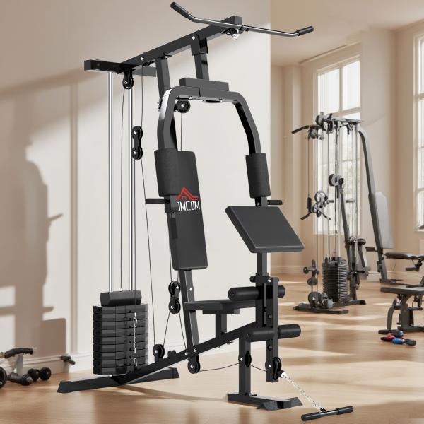 Máquina Multi Estação de Musculação Máquina de Musculação com Estribo para Pernas e Placas de Peso de 45kg para Treinamento Fitness em Casa Academia 148x108x207cm Preto