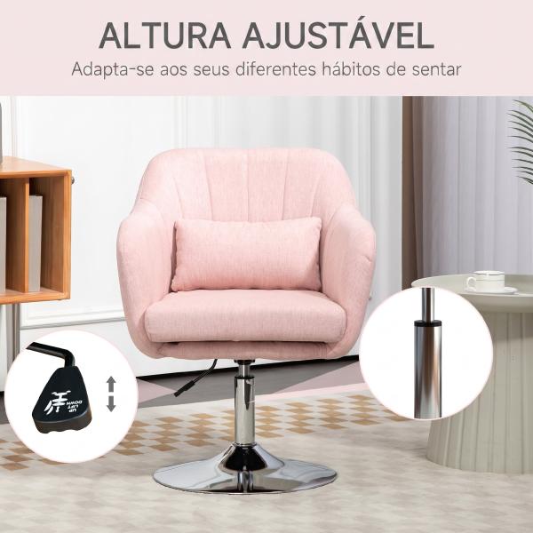 Cadeirão Giratório 360° para Sala de Estar com Altura Ajustável, Encosto Envolvente, Apoios de Braços e Almofada, 60x60x79 - 91 cm, Rosa