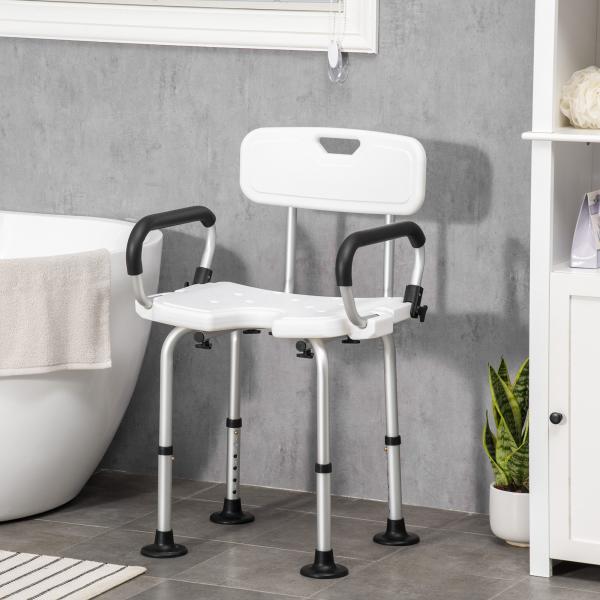 Cadeira para Duche Antiderrapante com Altura Ajustável de 6 Níveis e Apoio para os Braços Regulável 54x52x70 - 82cm Branco