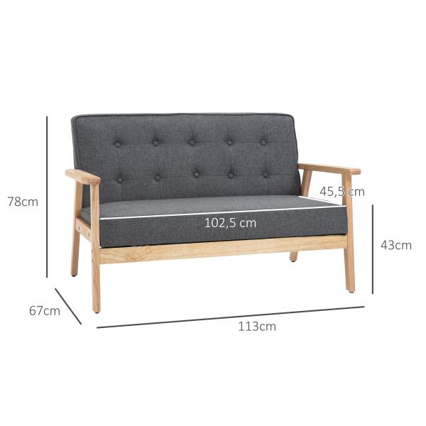 Sofá de 2 Lugares com Encosto e Almofadas Acolchoados Pés de Madeira Antiderrapantes para Sala de estar Dormitório Oficina 114x66x69 cm Cinza