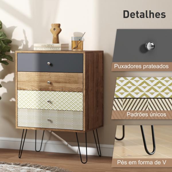 Cómoda 4 Gavetas Cómoda para Quarto com Pés em Forma de V de Aço Estilo Boémio 60x39x86 cm Multicor