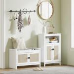 Banco Sapateira com Portas Frentes de Vime Prateleira para 8 Pares de Sapatos para Entrada Dormitório 80x35x52 cm Branco