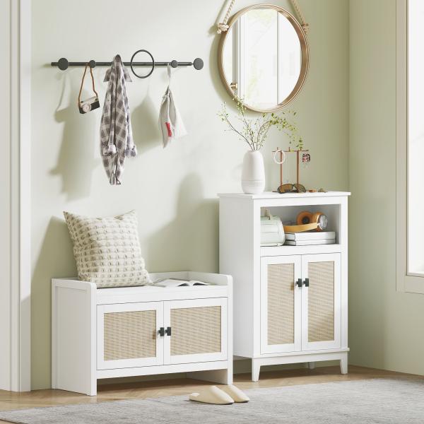 Banco Sapateira com Portas Frentes de Vime Prateleira para 8 Pares de Sapatos para Entrada Dormitório 80x35x52 cm Branco