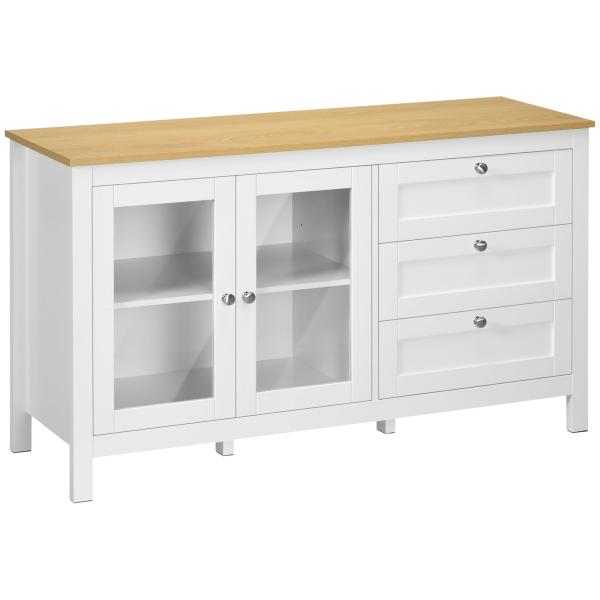 Aparador para Sala de Estar com 2 Portas de Vidro 3 Gavetas e Prateleira Ajustável para Cozinha Sala de Jantar 120x40x70 cm Branco e Madeira