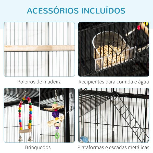 Gaiola para Pássaros com Rodas de 3 Níveis com 3 Poleiros Comedouros Brinquedos Rampas e Prateleira 83x53x180 cm Preto