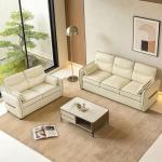 Sofá de 3 Lugares Sofá de Sala Moderno 190x85x80 cm Estofado em Couro Sintético com Bolso Lateral e 2 Almofadas Bege