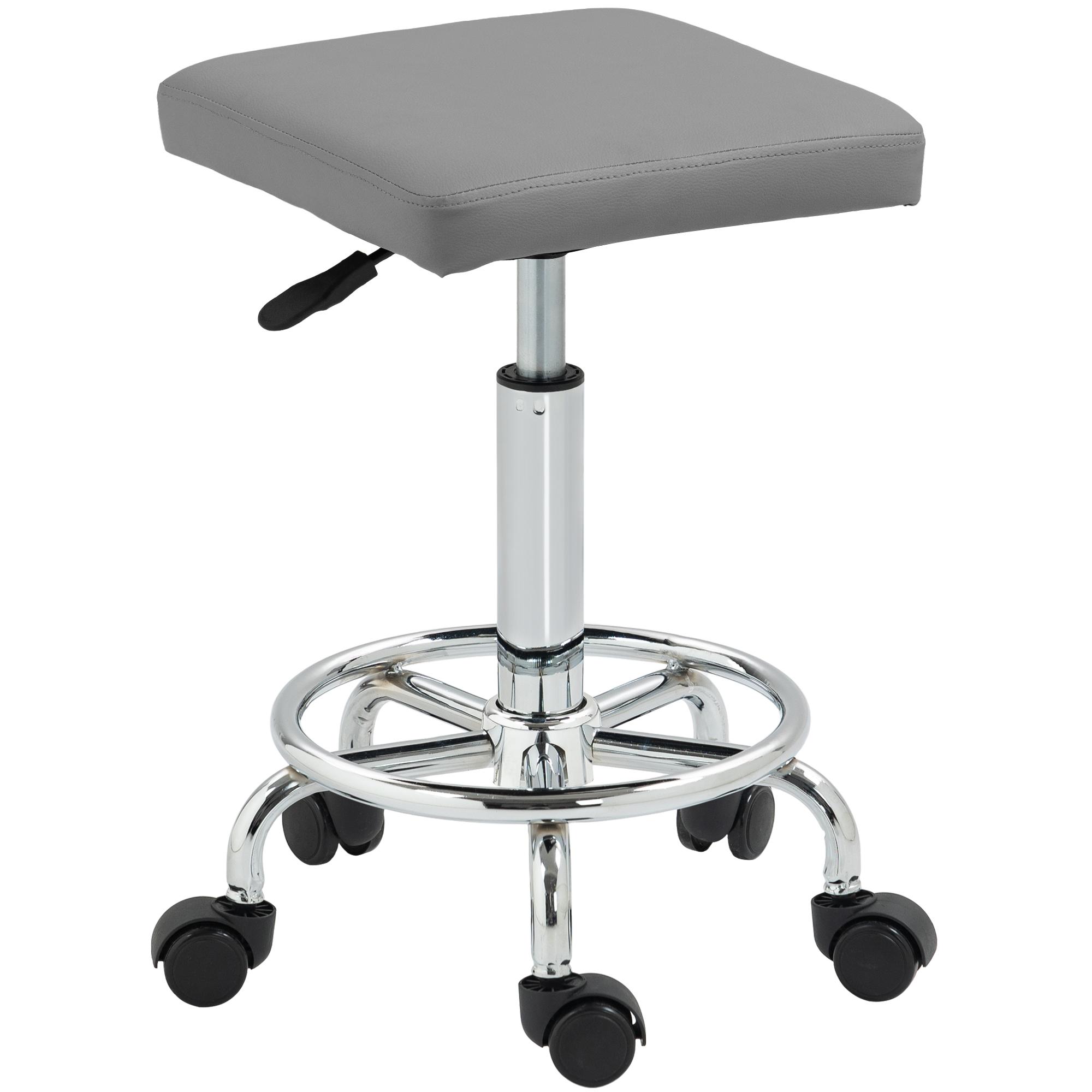 Banco Giratório com Rodas Altura Regulável 50 - 66 cm Assento Estofado em Imitação de Couro 34x34x50 - 66 cm Cinzento