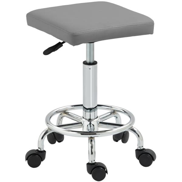 Banco Giratório com Rodas Altura Regulável 50 - 66 cm Assento Estofado em Imitação de Couro 34x34x50 - 66 cm Cinzento