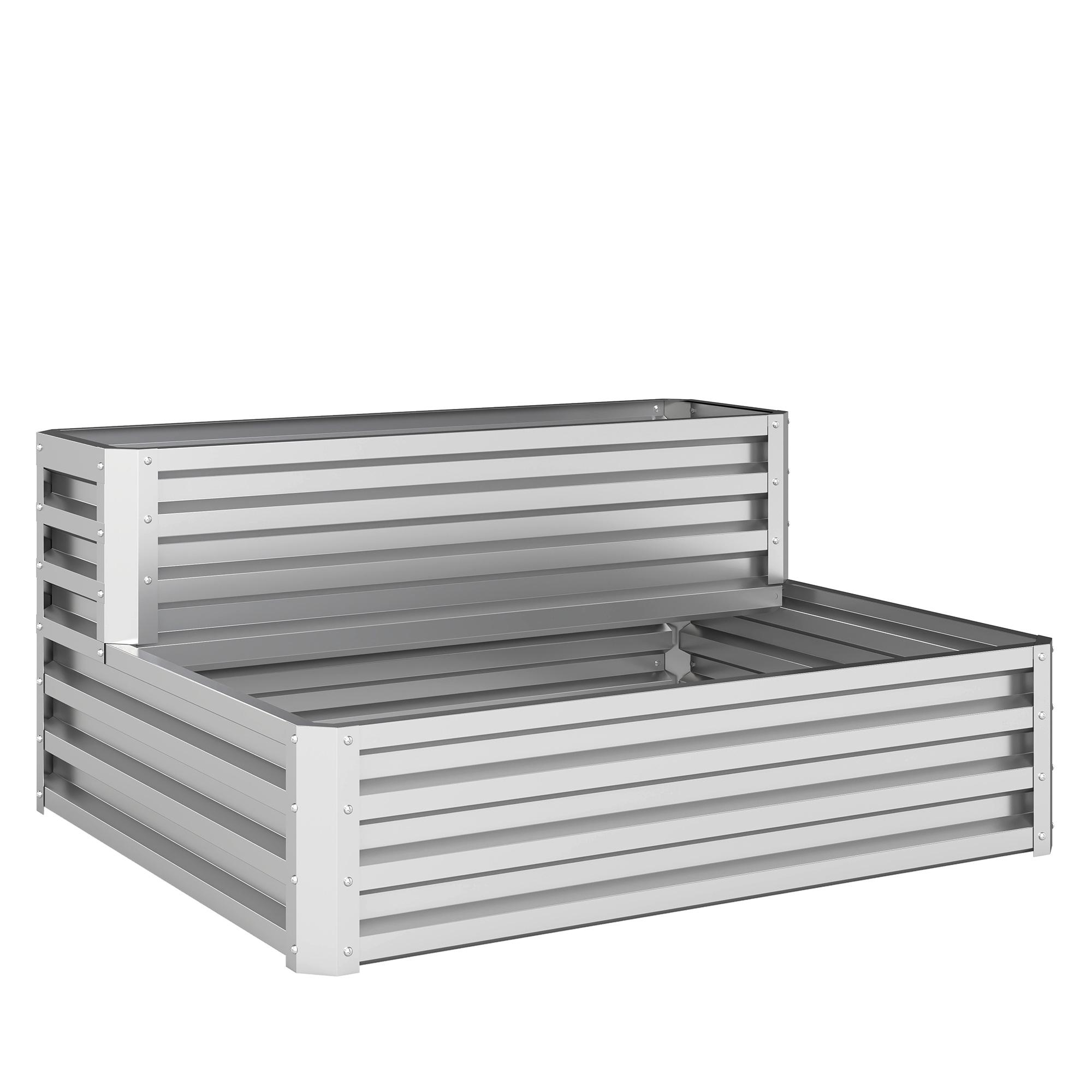 Caixa de Cultivo de 2 Níveis em Aço Galvanizado com Design em Escada e Fundo Aberto 120x101x58 cm Prata