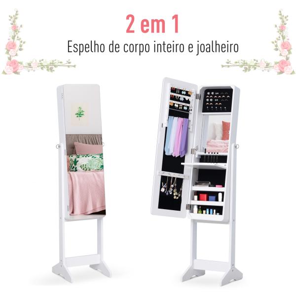 Armário para Joias Luzes LED de luz Reclinável Madeira 30x36x146cm cor Branco