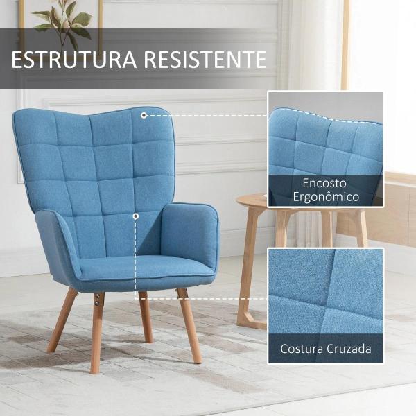 Poltrona de Sala de Estar Moderna Poltrona com Encosto Alto Apoio para os Braços Tecido de Linho e Pés de Madeira de Faia para Sala de Jantar Cozinha 71x76x101cm Azul