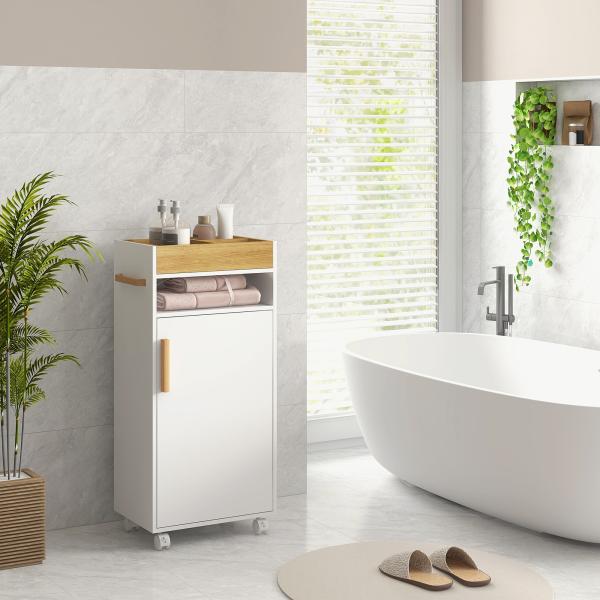 Armário Casa de Banho Moderno com Prateleiras Ajustáveis Armário Bandeja Amovível e Rodas 40x30x88 cm Branco e Carvalho