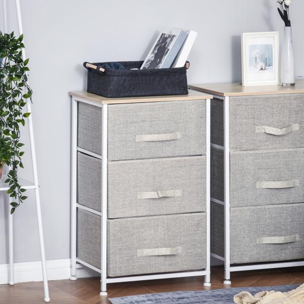 Mesa de Cabeceira com 3 Gavetas de Tecido para Dormitório Sala de Estar Corredor 45x30x71 cm Cinza e Branco