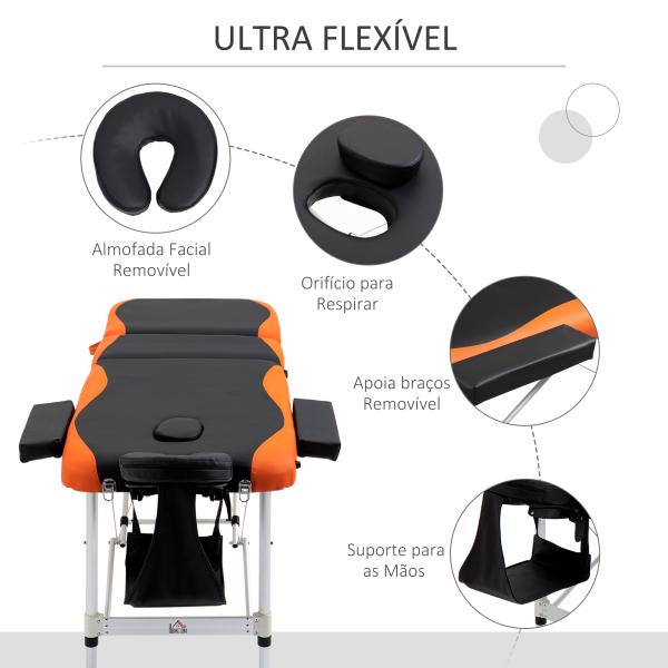 Marquesa de Massagem Dobrável e Portátil com Altura Ajustável e Apoio para a Cabeça 210x81x62 - 85 cm Laranja e Preto