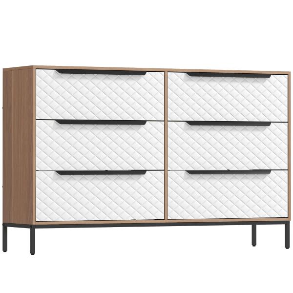 Cómoda com 6 Gavetas de Tecido Frentes com Padrão de Diamante Móvel de Arrumação 117,5x30x73,5 cm Madeira e Branco