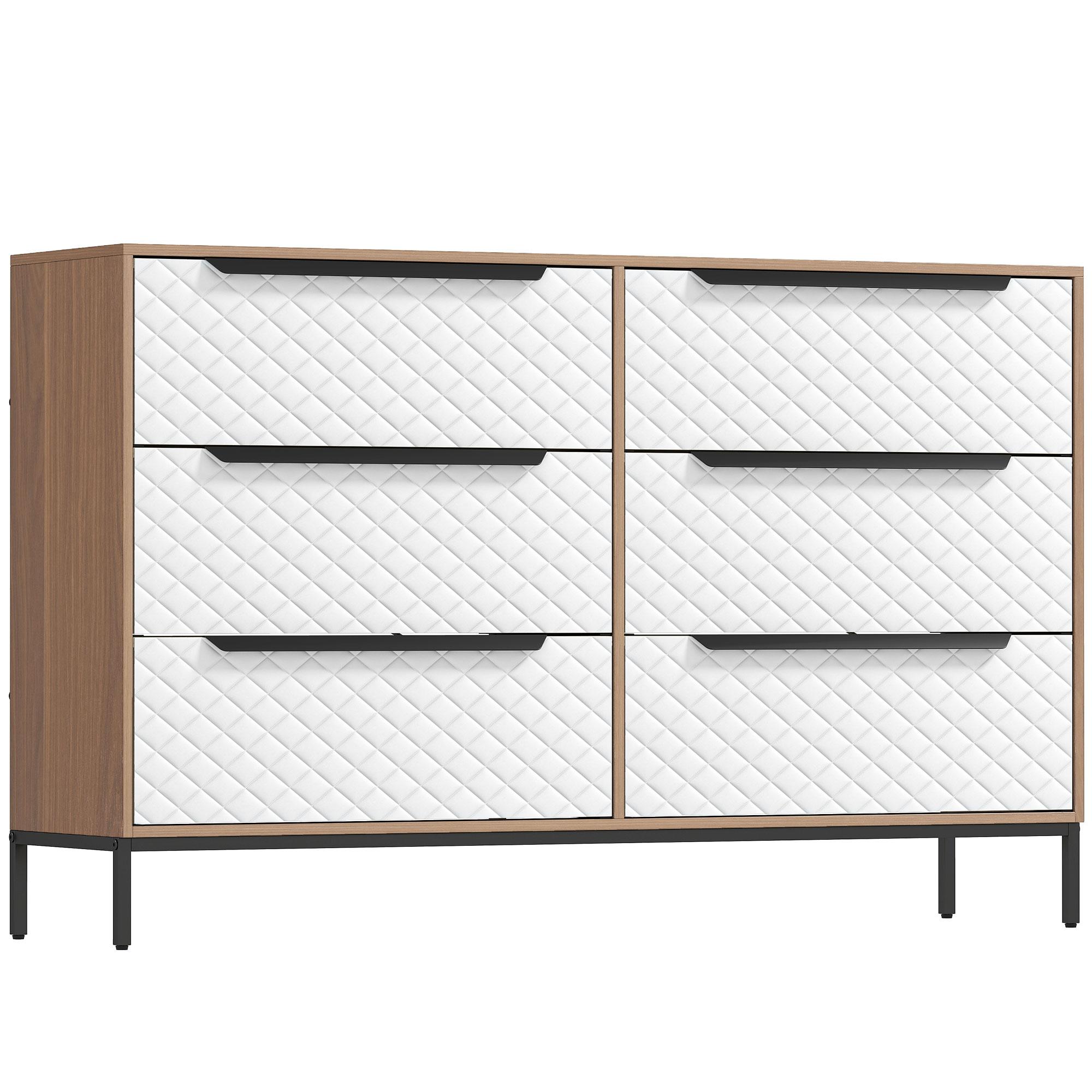Cómoda com 6 Gavetas de Tecido Frentes com Padrão de Diamante Móvel de Arrumação 117,5x30x73,5 cm Madeira e Branco