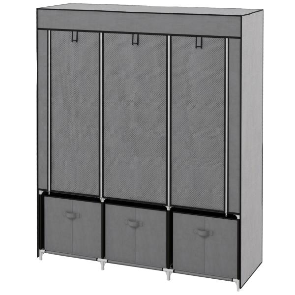 Roupeiro de Tecido com 2 Varões 5 Prateleiras 3 Gavetas Fecho de Correr Estrutura de Aço 125x43x162,5 cm Cinzento