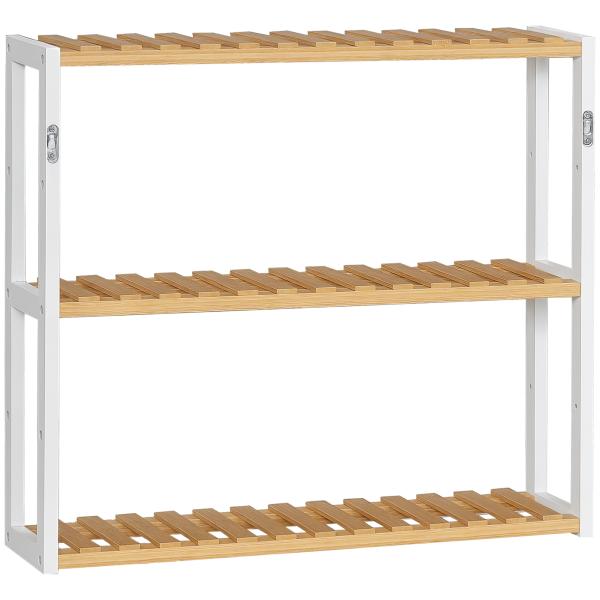 Estante de Parede de Bambu de 3 Níveis Estante Suspensa para Sala de Estar Dormitório Cozinha 60x15x54cm Madeira e Branco