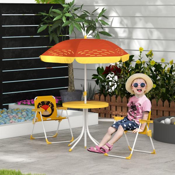 Conjunto Infantil de Mesa e Cadeiras de Exterior Conjunto de 2 Cadeiras Dobráveis e Mesa para Crianças Amarelo e Castanho