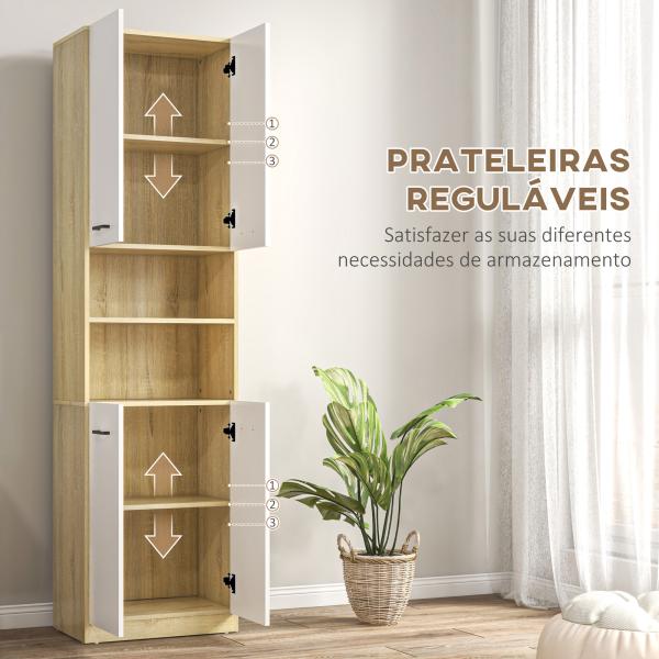 Coluna Casa de Banho Armário Alto Casa de Banho com 4 Portas 2 Prateleiras Abertas e Ajustáveis 53x33,5x195,7 cm Branco e Madeira