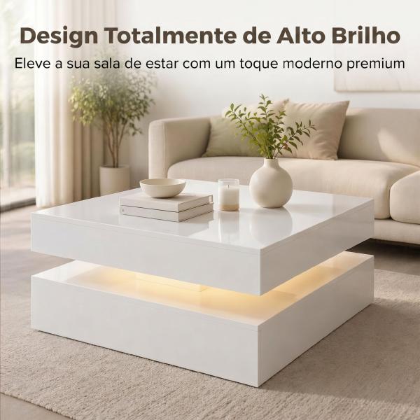 Mesa de Centro com LED RGB de 7 Cores com Armazenamento Aberto e Controlo Remoto 78x78x40 cm Branco