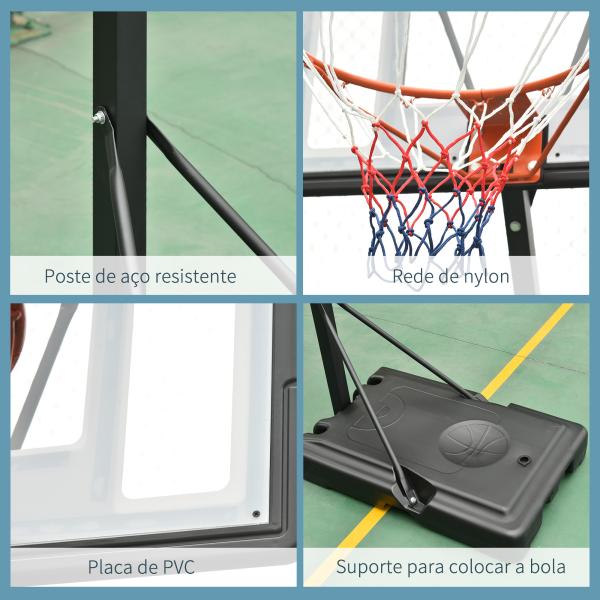 Tabela de Basquetebol Portátil Ajustável em Altura com Base Recarregável para Crianças e Adultos 86x165x302 - 352 cm Preto