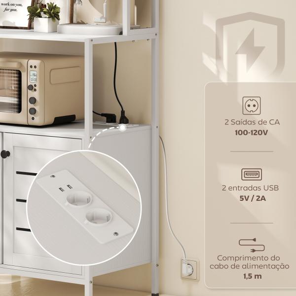 Armário de Cozinha com Tomada de Corrente Suporte para Micro - Ondas 2 Entradas USB e Compartimentos 80x42x171 cm Branco
