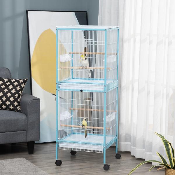 Gaiola para Pássaros com Rodas de 2 Níveis com Bandejas Removíveis Portas Comedouros Poleiros 51,5x50x140 cm Azul