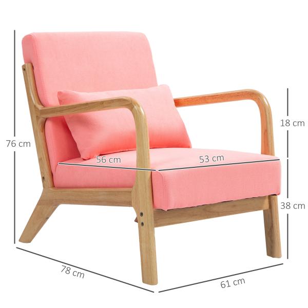 Poltrona Sala de Estar Nórdica Acolchoada com Apoio para os Braços e Estrutura de Madeira de Borracha 61x78x76 cm Rosa