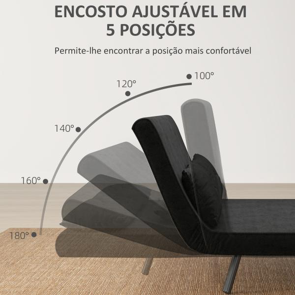 Sofá Cama Sofá Convertível em Cama de 2 Lugares Dobrável com Encosto Ajustável em 5 Níveis e 2 Almofadas 102x73x81 cm Preto