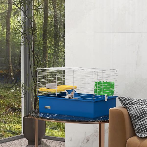 Gaiola para Visons com Bandeja Gaiola para Animais Pequenos com Plataforma Rampa Comedouro e Bebedouro 71x46x47 cm Branco e Azul
