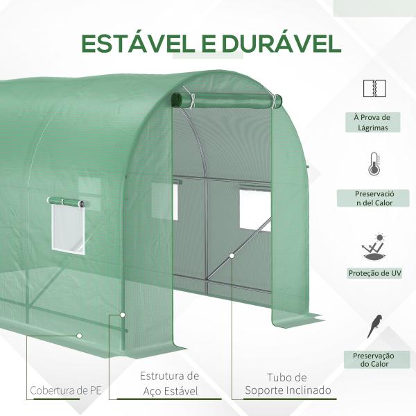 Estufa Tipo Túnel de Jardim 350x200x200cm Estufa de Jardim com 6 Janelas Respiráveis e Porta Enrolável com Zíper para Cultivo de Plantas e Verduras Verde
