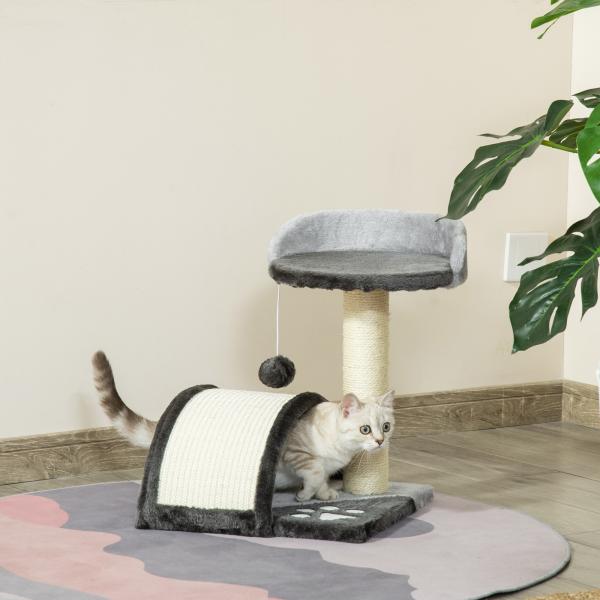Árvore Arranhador para Gatos de 2 Níveis com Poste e Tapete de Arranhar Cama e Bola Suspensa 35,5x37x46 cm Cinza