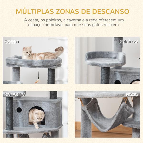 Árvore Arranhadora para Gatos 48x48x107cm com Caverna de Feltro Desmontável Rede Camas de Felpa Múltiplas Plataformas Poste Arranhador de Sisal e Brinquedos Cinza