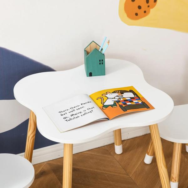 Conjunto Infantil de Mesa e 2 Cadeiras de Madeira Móveis Infantil para Sala de Jogos Dormitório de Crianças Mesa 56x56x50cm e Cadeira 28x25x46cm Branco