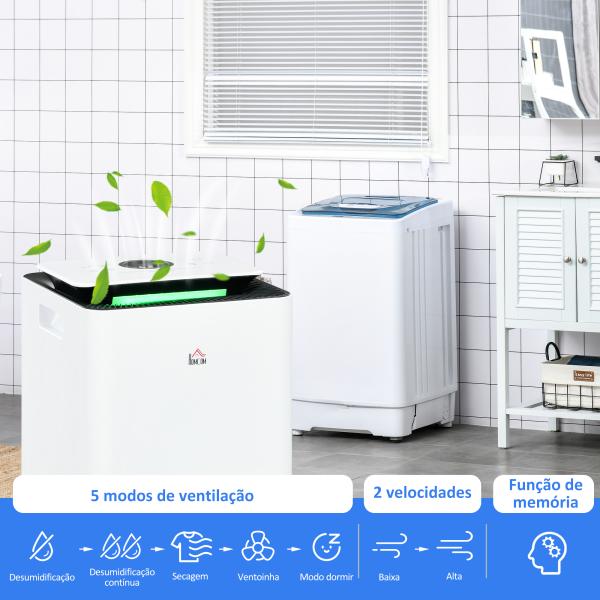 Desumidificador Elétrico 10L/dia Depósito 2,5L Silencioso com 5 Modos 2 Velocidades Ecrã LED e Temporizador 25x25x50,5 cm Branco