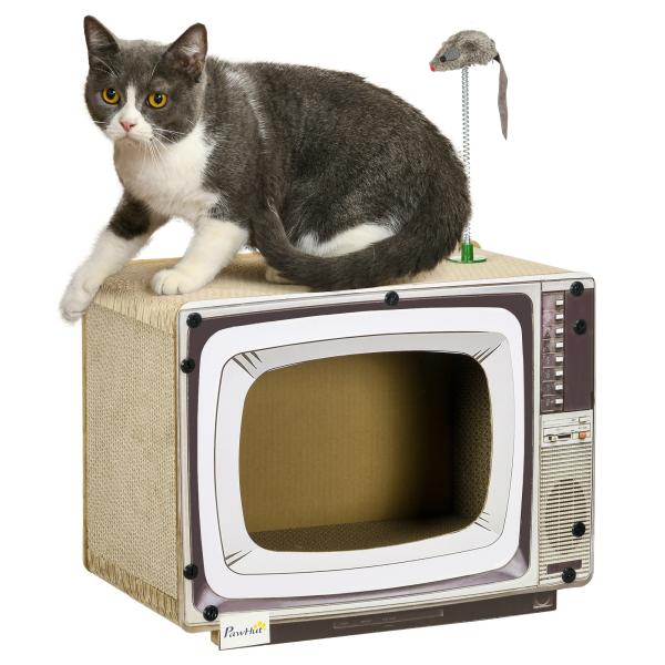 Arranhador de Cartão para Gatos Casa para Gatos em Forma de Televisor com Rato de Brinquedo 43x23x32,5 cm Areia