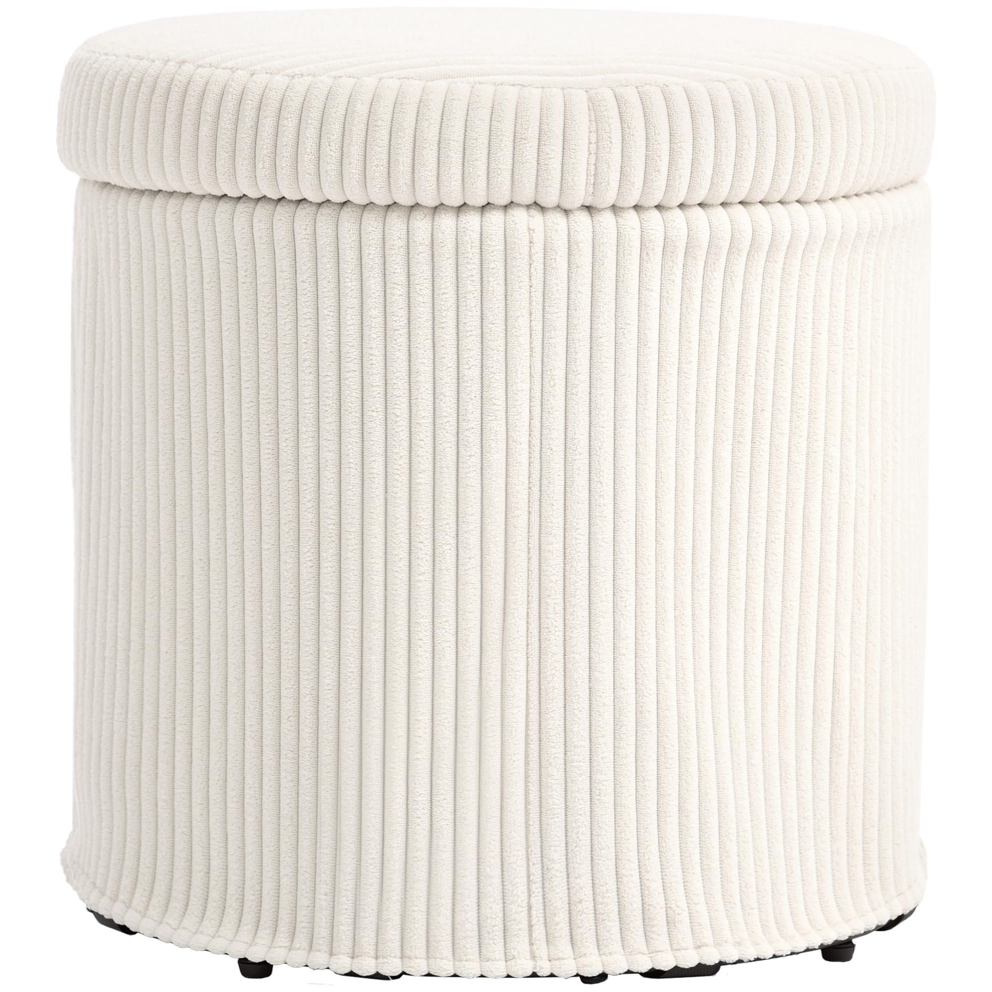 Puff de Arrumação Baú de Arrumação Redondo Estofado em Veludo Cotelê Tampa Removível Ø40x41 cm Creme