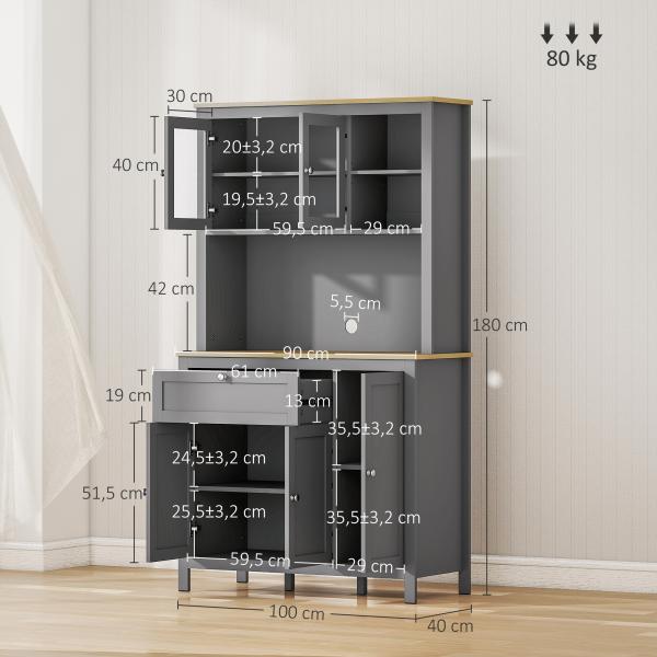 Armário de Cozinha Alto com 5 Portas Prateleira Ajustável, Gaveta Bancada Aberta para Microondas Orifício para Cabo 100x40x180 cm Cinza